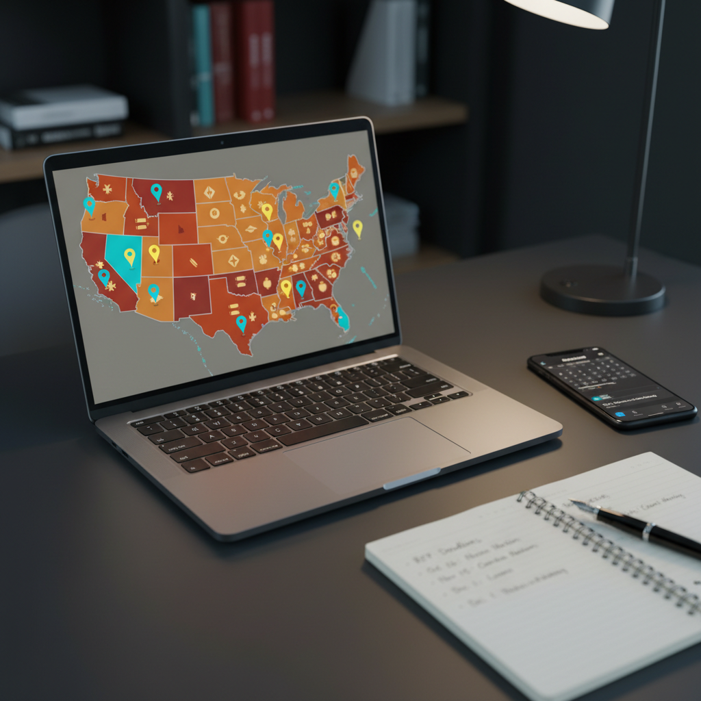 A close-up, photographic view of a sleek laptop on a dark matte desk, its screen displaying an interactive map of the United States with highlighted tribal territories and pinpointed RFP opportunities. Beside the laptop are a spiral-bound notebook with handwritten deadlines, a slim black fountain pen, and a smartphone showing calendar alerts. Cool, even office lighting illuminates the scene, with soft reflections on the laptop’s metallic body and subtle shadows beneath the devices. Shot at eye level with a shallow depth of field that gently blurs the background, the mood is analytical and efficient, conveying precise tracking and management of Tribal Government RFPs in a contemporary, data-driven workspace.