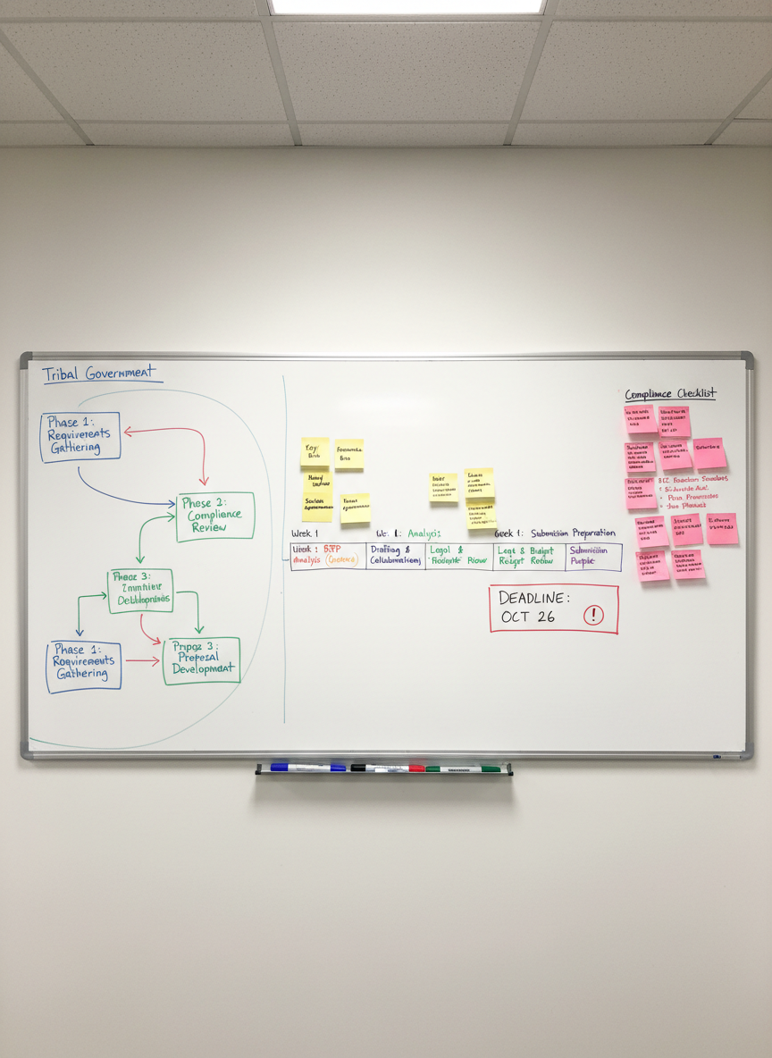 An organized whiteboard wall filled with neatly drawn flowcharts, color-coded timelines, and labeled sticky notes describing phases of responding to a Tribal Government RFP, such as requirements, compliance, and submission. At the bottom edge of the frame, a row of capped dry-erase markers rests on a narrow tray. Soft overhead office lighting casts minimal, clean shadows, enhancing legibility of the writing. Photographic realism, captured straight on with wide-angle framing to show the full planning board. The atmosphere is methodical and strategic, emphasizing step-by-step proposal planning in a professional environment dedicated to managing complex tribal procurement processes.