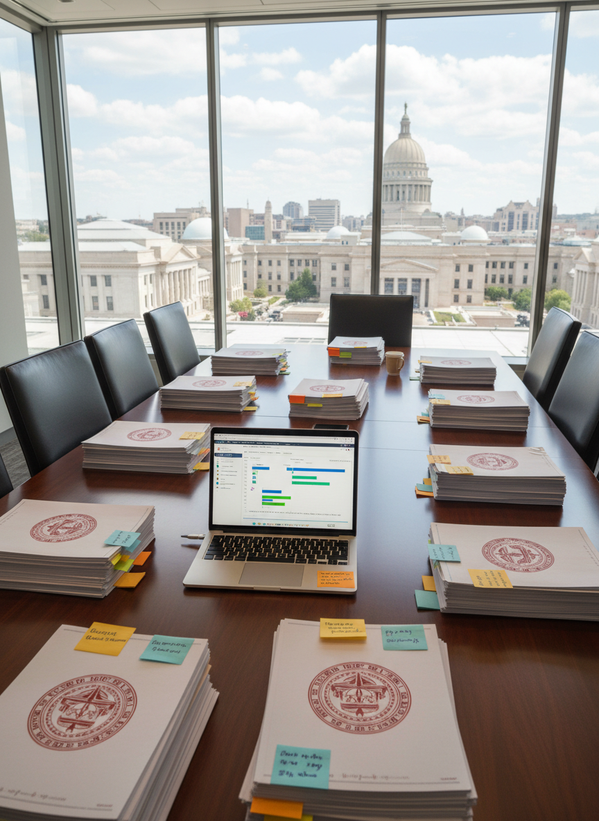 A large, polished wooden conference table covered with neatly arranged printed RFP documents featuring tribal seals, color-coded sticky notes, and an open laptop displaying a detailed proposal timeline dashboard. The table sits in a modern glass-walled meeting room overlooking a skyline of government buildings. Soft, diffused daylight pours through tall windows, creating gentle reflections on the laptop screen and subtle shadows along the paper edges. Photographic realism, captured from a slightly elevated, three-quarter angle with sharp focus throughout. The mood is professional, organized, and focused, emphasizing strategic planning and careful review of Tribal Government RFP opportunities in a clean, modern business environment.